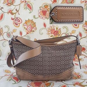 COACH Tan Monogram Shoulder Bag, Leather Suede Trim, Adjustable Shoulder Strap